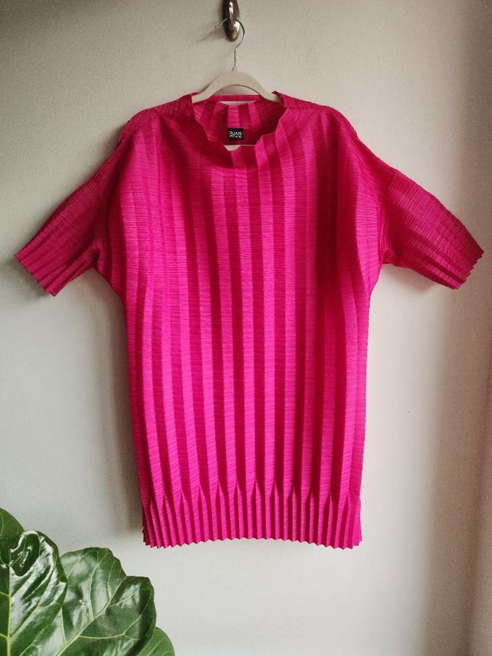 Issey Miyake Pleats Please Fuchsia Mock Neck Knee-Length Dress - M